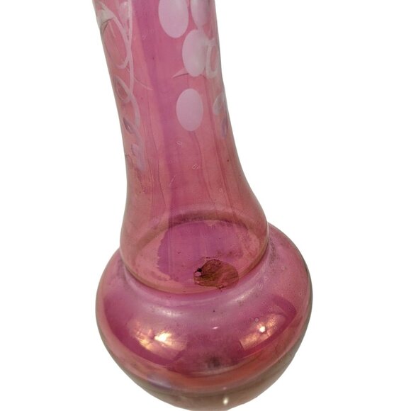 Cranberry Glass Bud Vase w/Etched Grape Vine Design-Clear Scalloped-Fenton C203 - Picture 4 of 6